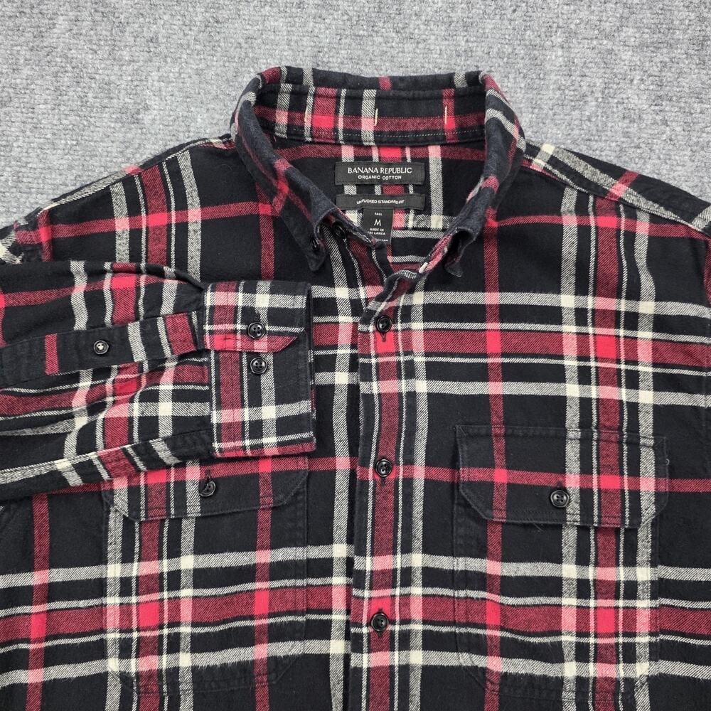 Banana Republic Shirt Mens Tall Medium Black Red Plaid Flannel Organic Untucked